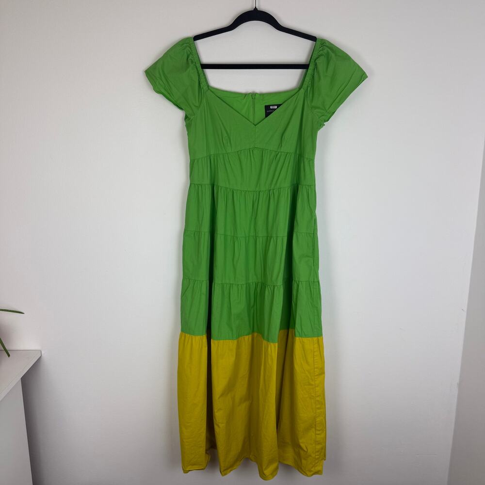 Donna Morgan Womens Colorblock Short Sleeve V-Neck Green/Yellow Maxi Dress US 4